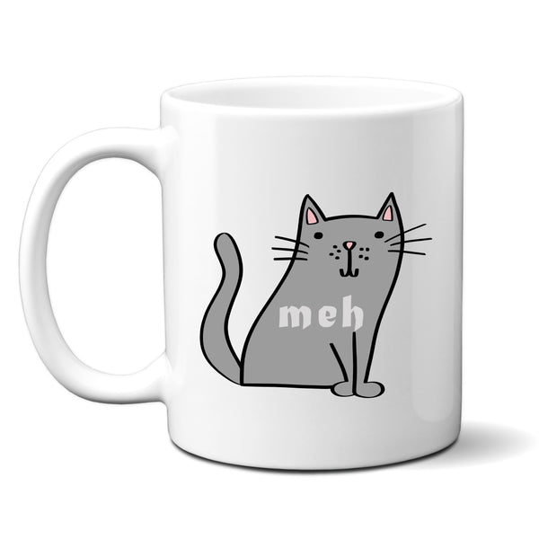 Meh, Funny Birthday Gift with Grey Cat Design, Personalised Mug
