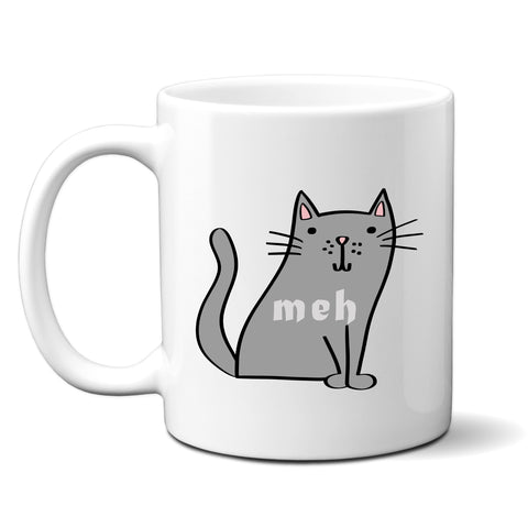 Meh, Funny Birthday Gift with Grey Cat Design, Personalised Mug