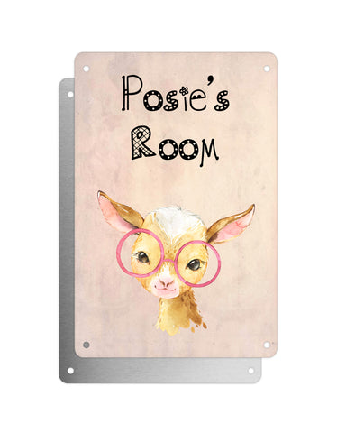 Cute Animal Personalised Name Plaque – Baby Goat With Pink Glasses | Vintage-Style Aluminium Sign for Kids’ Room