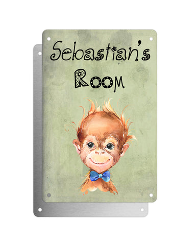 Cute Animal Personalised Name Plaque – Baby Orangutan With Blue Bow Tie | Vintage-Style Green Aluminium Sign for Kids’ Room