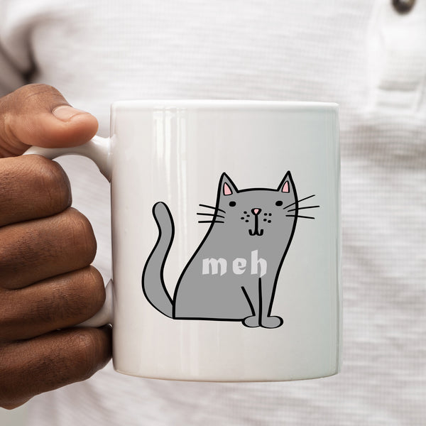 Meh, Funny Birthday Gift with Grey Cat Design, Personalised Mug
