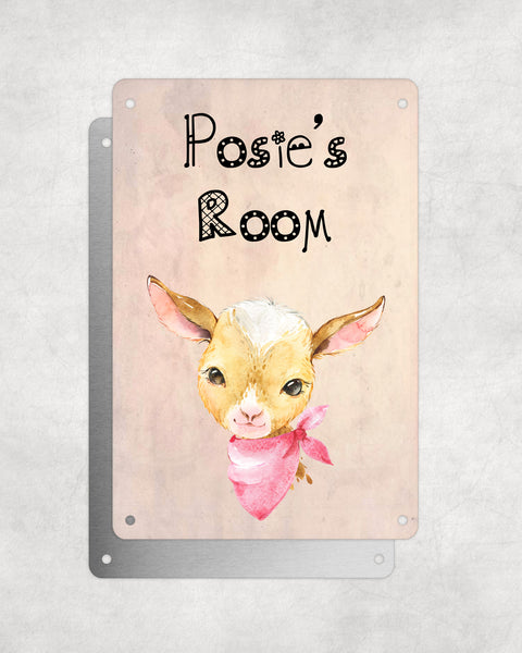 Cute Animal Personalised Name Plaque – Baby Goat With Pink Neck Tie | Vintage-Style Aluminium Sign for Kids’ Room