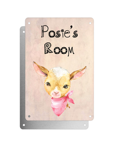 Cute Animal Personalised Name Plaque – Baby Goat With Pink Neck Tie | Vintage-Style Aluminium Sign for Kids’ Room