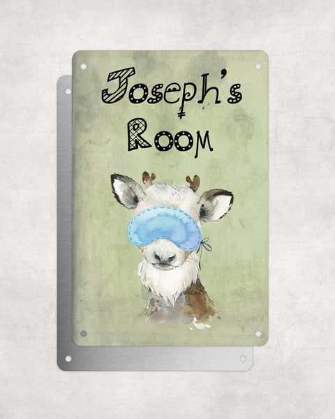 Cute Animal Personalised Name Plaque – Baby Reindeer With Sleep Mask | Vintage-Style Aluminium Sign for Kids’ Room