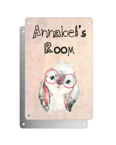 Cute Animal Personalised Name Plaque – Baby Rabbit With Pink Sunglasses | Vintage-Style Aluminium Sign for Kids’ Room