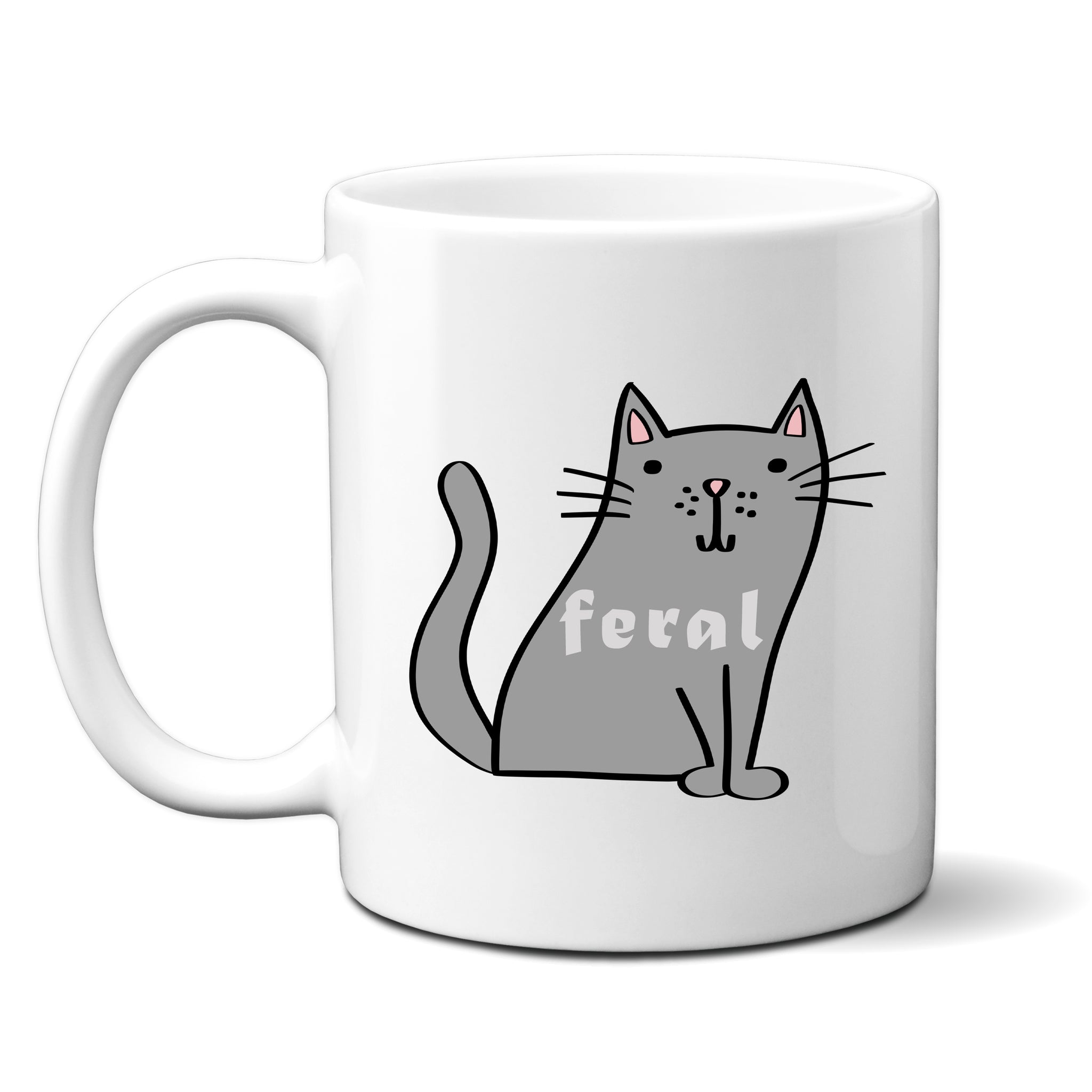Feral, Funny Birthday Gift with Grey Cat Design, Personalised Mug