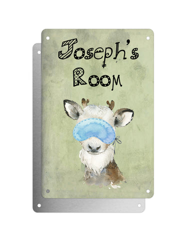 Cute Animal Personalised Name Plaque – Baby Reindeer With Sleep Mask | Vintage-Style Aluminium Sign for Kids’ Room