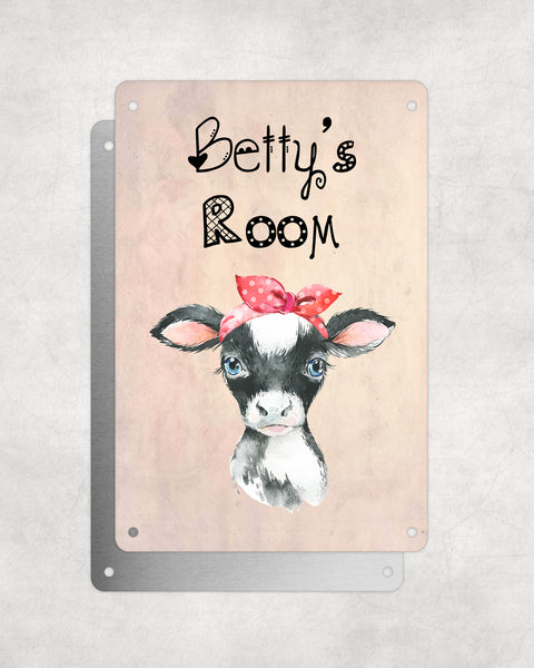Cute Animal Personalised Name Plaque – Baby Cow With Head Tie | Vintage-Style Aluminium Sign for Kids’ Room