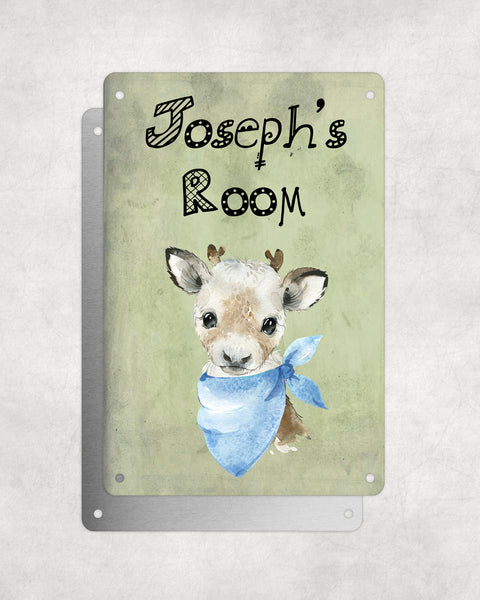 Cute Animal Personalised Name Plaque – Baby Reindeer With Blue Neck Tie | Vintage-Style Aluminium Sign for Kids’ Room