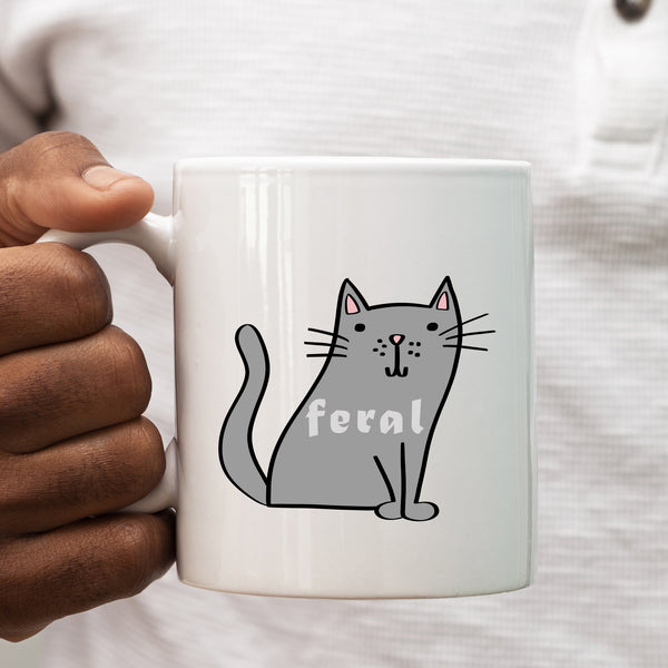 Feral, Funny Birthday Gift with Grey Cat Design, Personalised Mug