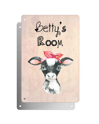 Cute Animal Personalised Name Plaque – Baby Cow With Head Tie | Vintage-Style Aluminium Sign for Kids’ Room