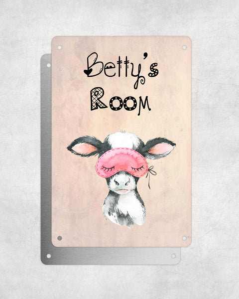 Cute Animal Personalised Name Plaque – Baby Cow With Sleep Mask | Vintage-Style Aluminium Sign for Kids’ Room