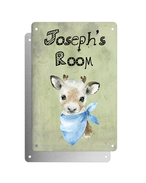 Cute Animal Personalised Name Plaque – Baby Reindeer With Blue Neck Tie | Vintage-Style Aluminium Sign for Kids’ Room