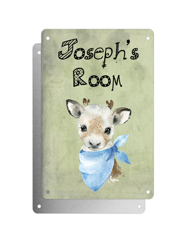 Cute Animal Personalised Name Plaque – Baby Reindeer With Blue Neck Tie | Vintage-Style Aluminium Sign for Kids’ Room