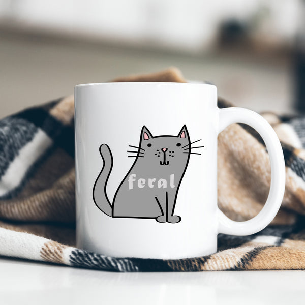 Feral, Funny Birthday Gift with Grey Cat Design, Personalised Mug