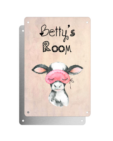 Cute Animal Personalised Name Plaque – Baby Cow With Sleep Mask | Vintage-Style Aluminium Sign for Kids’ Room