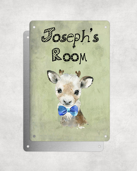Cute Animal Personalised Name Plaque – Baby Reindeer With Blue Bow Tie | Vintage-Style Aluminium Sign for Kids’ Room