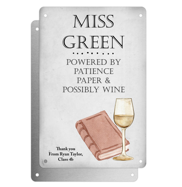 Personalised Teacher Tribute Aluminium Plaque – 'Powered By Patience Paper & Possibly Wine' With Coffee Mug Graphic, Leaving Gift