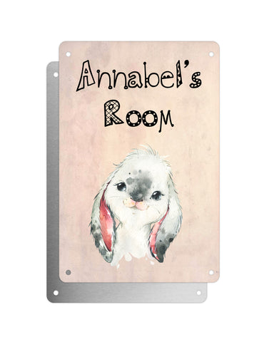 Cute Animal Personalised Name Plaque – Baby Bunny | Vintage-Style Aluminium Sign for Kids’ Room