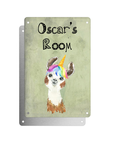 Cute Animal Personalised Name Plaque – Funny Llama Big Ears Unicorn Wig | Vintage-Style Green Aluminium Sign for Kids’ Room
