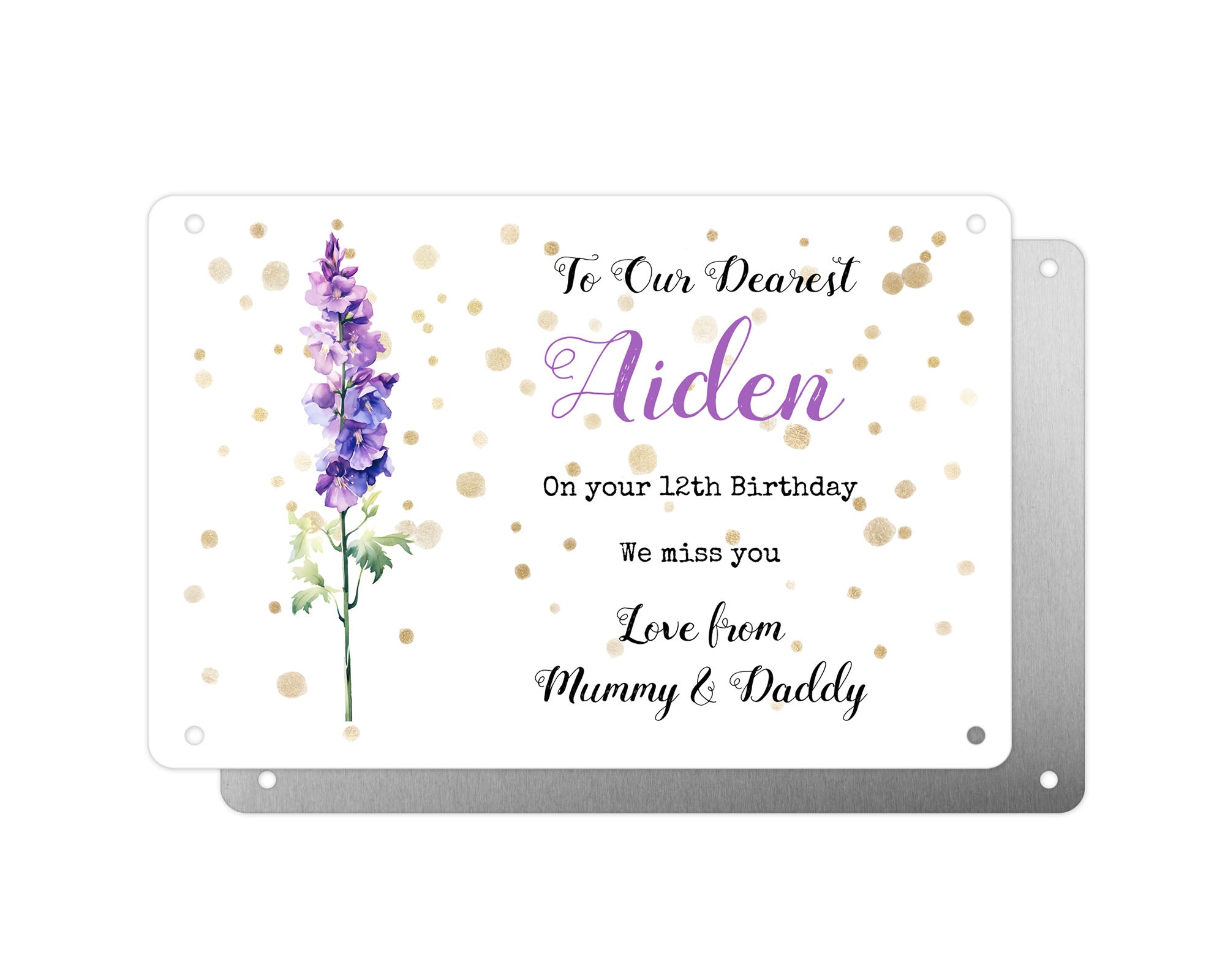 Personalised Graveside Plaque, Aluminium Bereavement Sheet, Metal Sign, Purple Delphinium Remembrance Gift