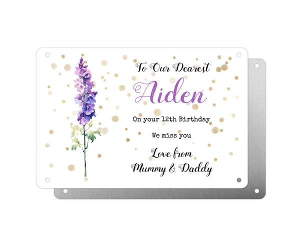 Personalised Graveside Plaque, Aluminium Bereavement Sheet, Metal Sign, Purple Delphinium Remembrance Gift