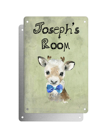 Cute Animal Personalised Name Plaque – Baby Reindeer With Blue Bow Tie | Vintage-Style Aluminium Sign for Kids’ Room