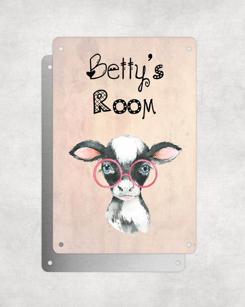 Cute Animal Personalised Name Plaque – Baby Cow With Pink Glasses | Vintage-Style Aluminium Sign for Kids’ Room