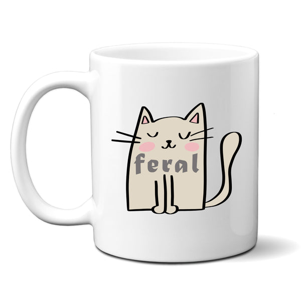 Feral, Funny Birthday Gift with Cream Cat Design, Personalised Mug