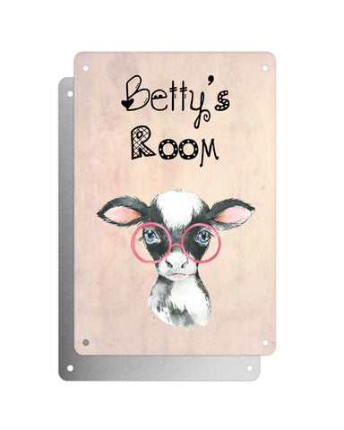 Cute Animal Personalised Name Plaque – Baby Cow With Pink Glasses | Vintage-Style Aluminium Sign for Kids’ Room