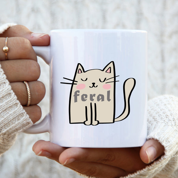 Feral, Funny Birthday Gift with Cream Cat Design, Personalised Mug