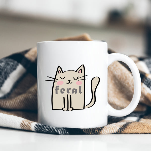 Feral, Funny Birthday Gift with Cream Cat Design, Personalised Mug