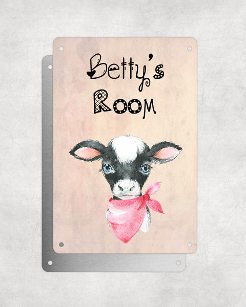 Cute Animal Personalised Name Plaque – Baby Cow With Pink Neck Tie | Vintage-Style Aluminium Sign for Kids’ Room
