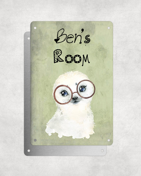 Cute Animal Personalised Name Plaque – Baby Seal With Brown Glasses | Vintage-Style Green Aluminium Sign for Kids’ Room
