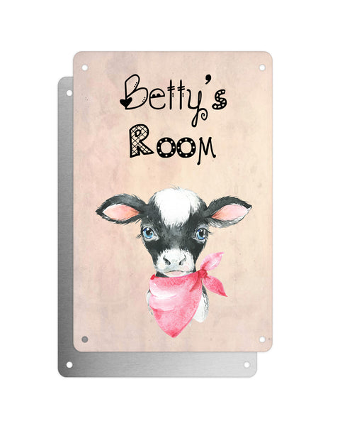 Cute Animal Personalised Name Plaque – Baby Cow With Pink Neck Tie | Vintage-Style Aluminium Sign for Kids’ Room
