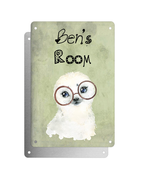 Cute Animal Personalised Name Plaque – Baby Seal With Brown Glasses | Vintage-Style Green Aluminium Sign for Kids’ Room