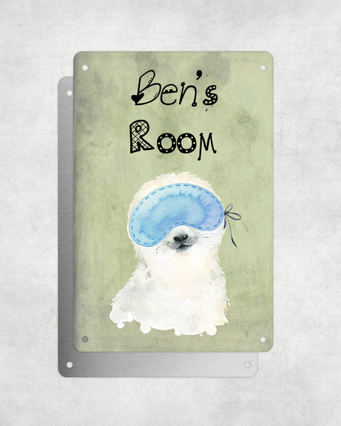Cute Animal Personalised Name Plaque – Baby Seal With Sleep Mask | Vintage-Style Green Aluminium Sign for Kids’ Room