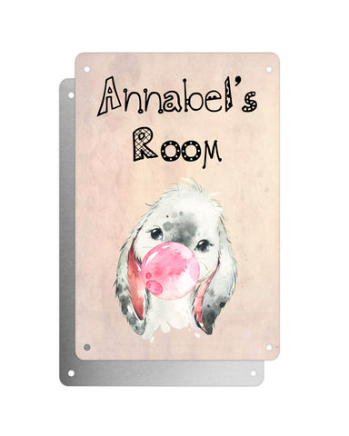 Cute Animal Personalised Name Plaque – Baby Rabbit With Bubblegum | Vintage-Style Aluminium Sign for Kids’ Room
