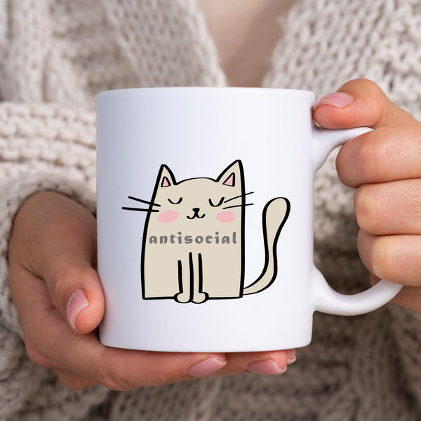 Antisocial, Funny Birthday Gift with Cream Cat Design, Personalised Mug