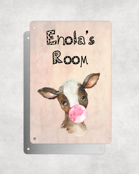 Cute Animal Personalised Name Plaque – Baby Calf With Bubblegum | Vintage-Style Aluminium Sign for Kids’ Room