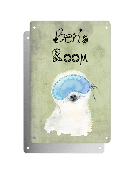 Cute Animal Personalised Name Plaque – Baby Seal With Sleep Mask | Vintage-Style Green Aluminium Sign for Kids’ Room