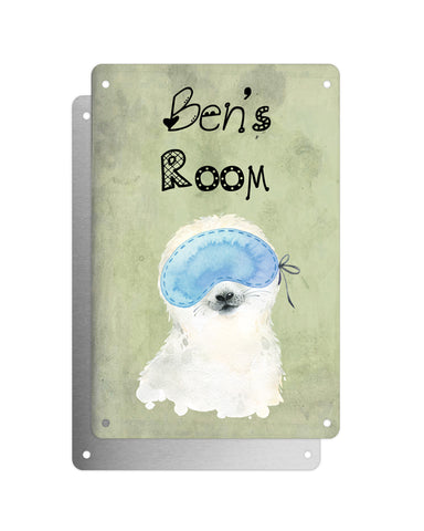 Cute Animal Personalised Name Plaque – Baby Seal With Sleep Mask | Vintage-Style Green Aluminium Sign for Kids’ Room