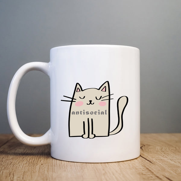 Antisocial, Funny Birthday Gift with Cream Cat Design, Personalised Mug