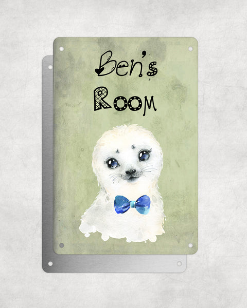 Cute Animal Personalised Name Plaque – Baby Seal With Blue Bow Tie | Vintage-Style Green Aluminium Sign for Kids’ Room