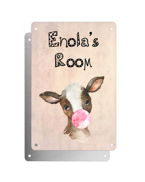 Cute Animal Personalised Name Plaque – Baby Calf With Bubblegum | Vintage-Style Aluminium Sign for Kids’ Room