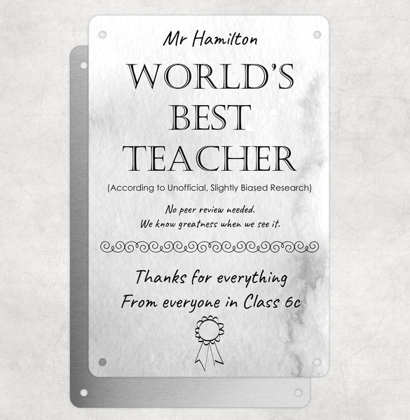 Personalised Teacher Tribute Aluminium Plaque – 'World's Best Teacher' With Award Graphic, Leaving Gift