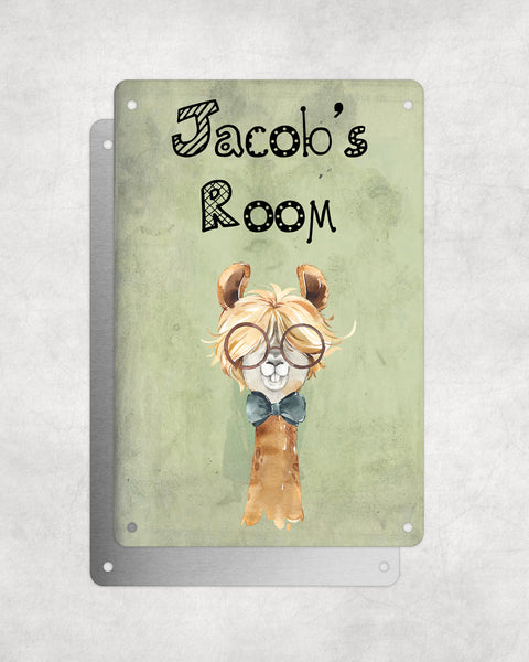 Cute Animal Personalised Name Plaque – Funny Llama Long Hair With Brown Glasses & Bow Tie | Vintage-Style Green Aluminium Sign for Kids’ Room