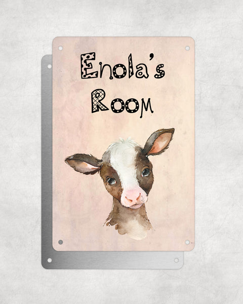 Cute Animal Personalised Name Plaque – Baby Calf | Vintage-Style Aluminium Sign for Kids’ Room