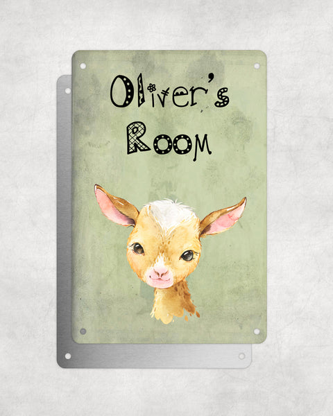 Cute Animal Personalised Name Plaque – Baby Goat | Vintage-Style Green Aluminium Sign for Kids’ Room