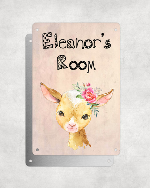 Cute Animal Personalised Name Plaque – Baby Goat with Flower | Vintage-Style Aluminium Sign for Kids’ Room